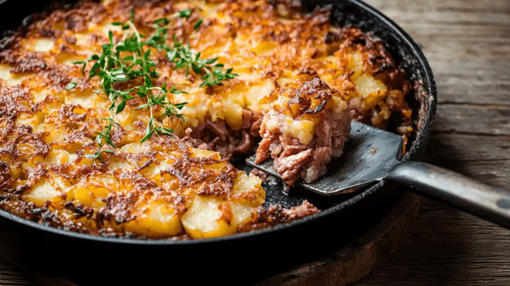 Corned beef hash pressed down in a skillet, forming a golden, crispy crust.