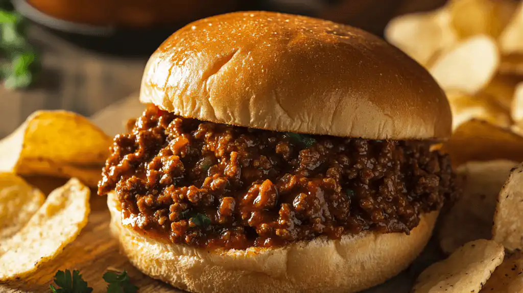 A Sloppy Joe mixture being spooned onto a toasted hamburger bun