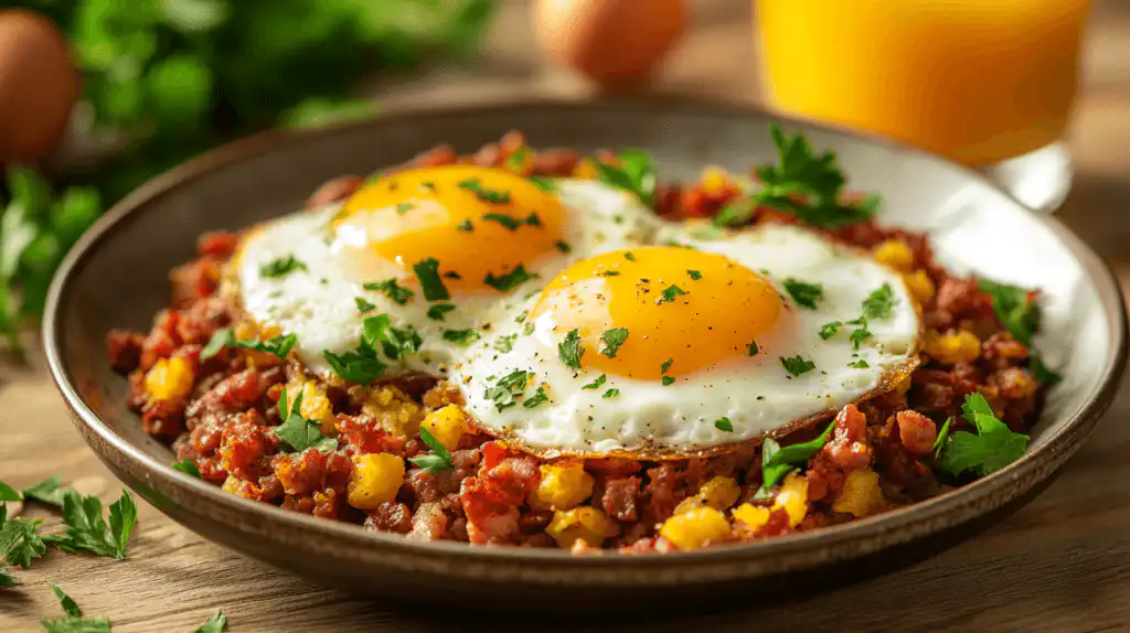 A plate of crispy corned beef hash topped with perfectly cooked sunny-side-up eggs.