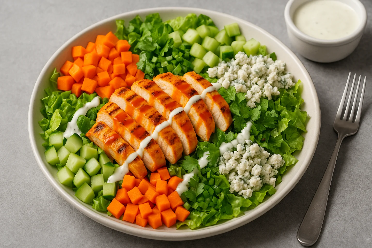 Buffalo chicken salad with grilled chicken, chopped veggies, and creamy dressing