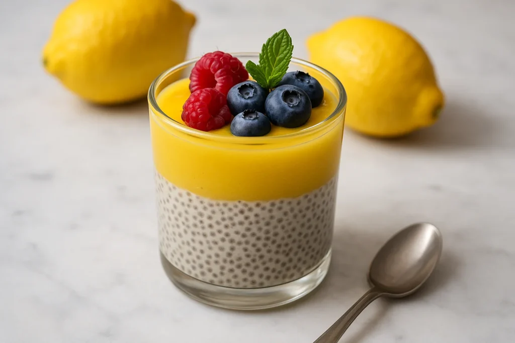 Lemon curd chia pudding topped with berries and mint in a clear glass jar