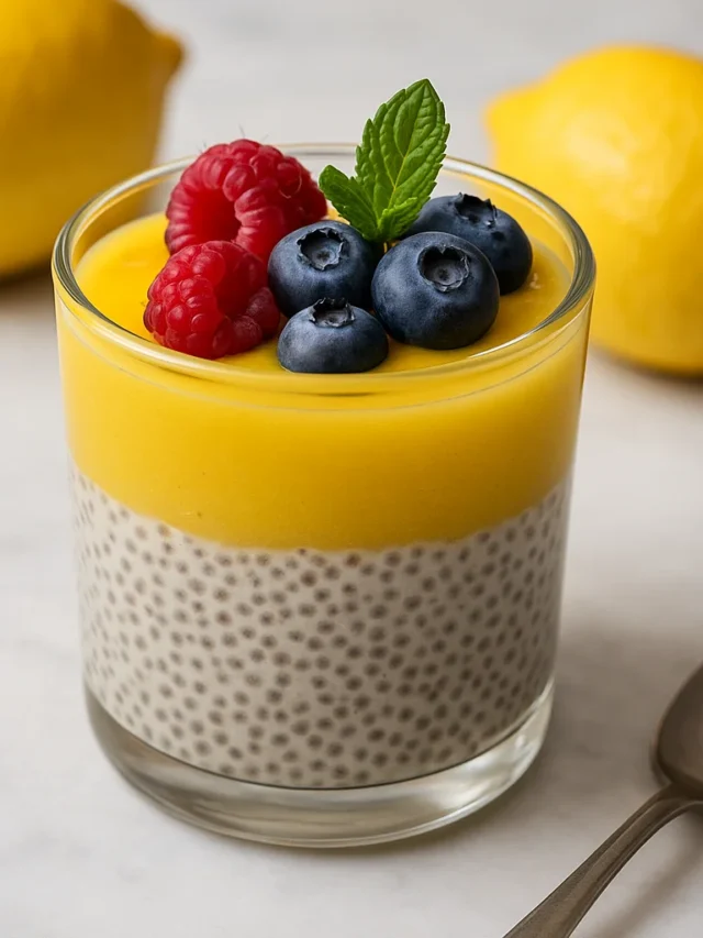 Lemon curd chia pudding topped with berries and mint in a clear glass jar