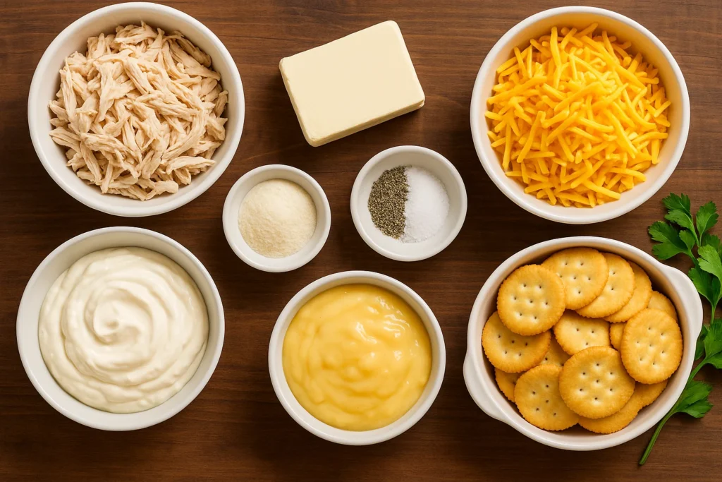 Neiman Marcus chicken casserole ingredients laid out on a wooden kitchen counter
