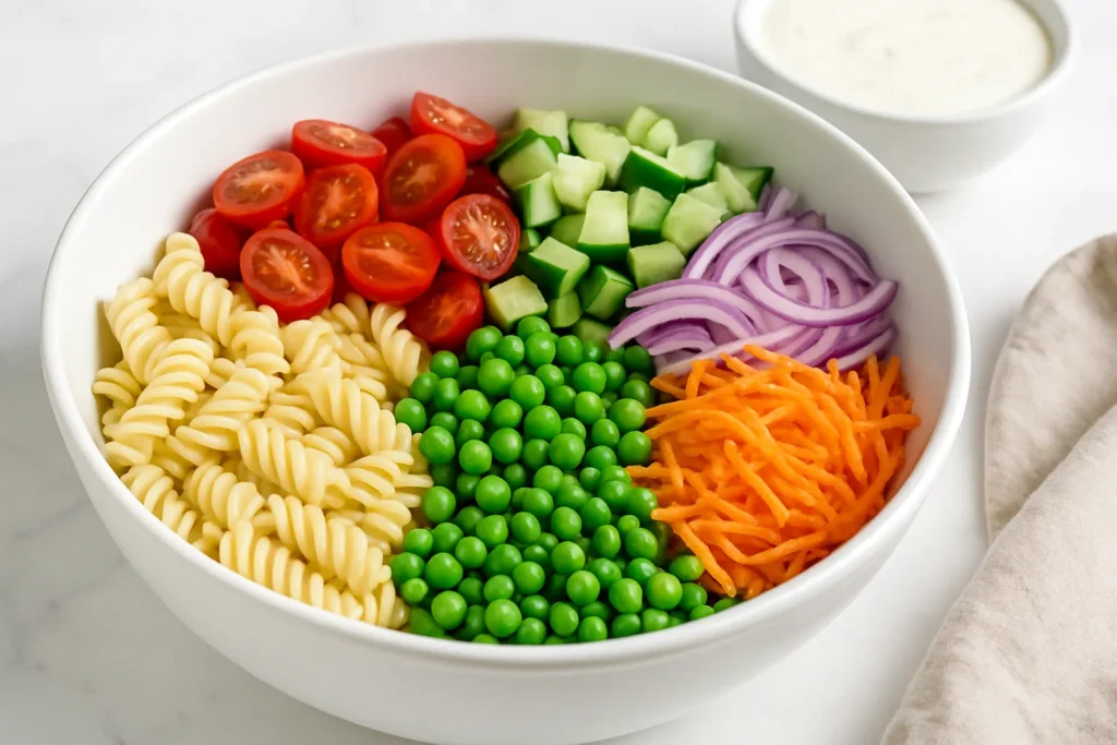 creamy cold pasta salad with vegetables