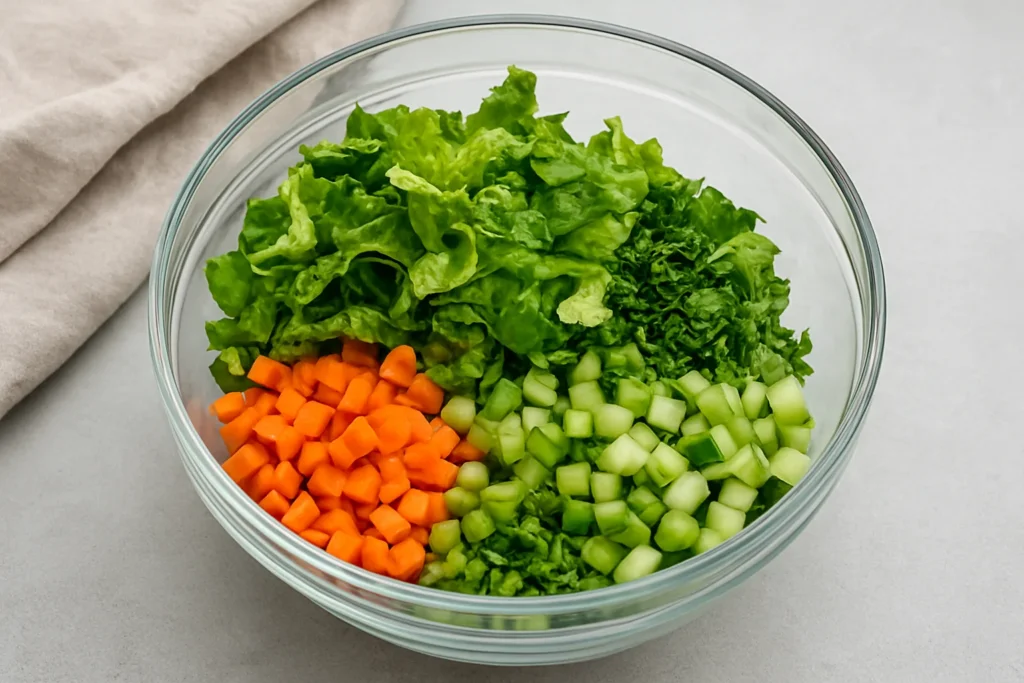 Chopped vegetables and greens being mixed in a large salad bowl
