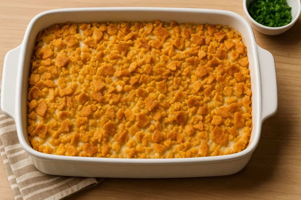 Neiman Marcus chicken casserole with golden Ritz topping in a white baking dish

