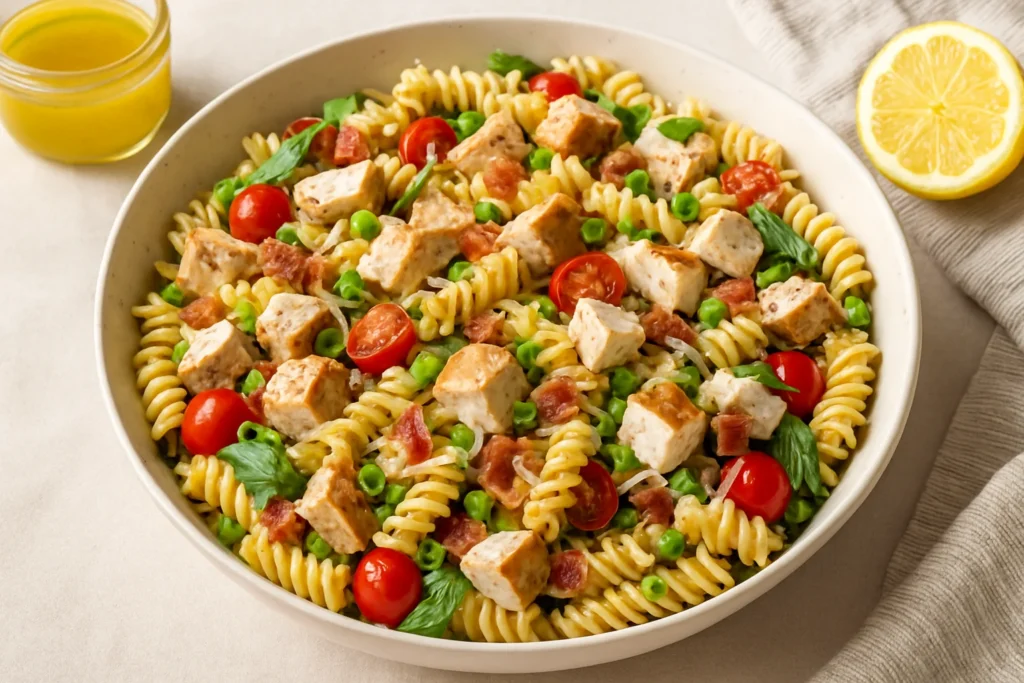 healthy chicken pasta salad recipe with greens