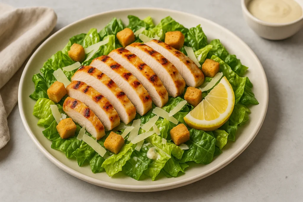 Caesar dressing in a bowl with garlic, lemon, mustard, Parmesan, and mayonnaise