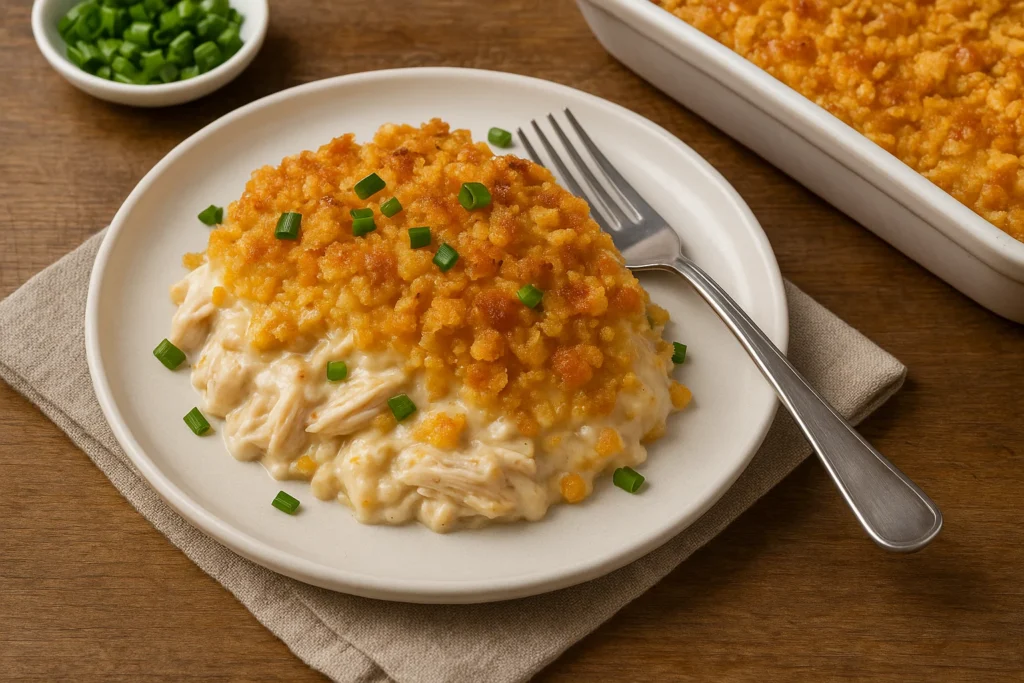 Neiman Marcus chicken casserole served on a plate with green onion garnish