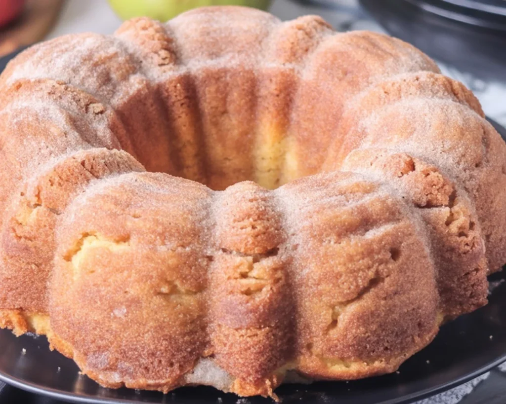 Moist Apple Cider Donut Cake topped with cinnamon sugar, perfect for fall treats.