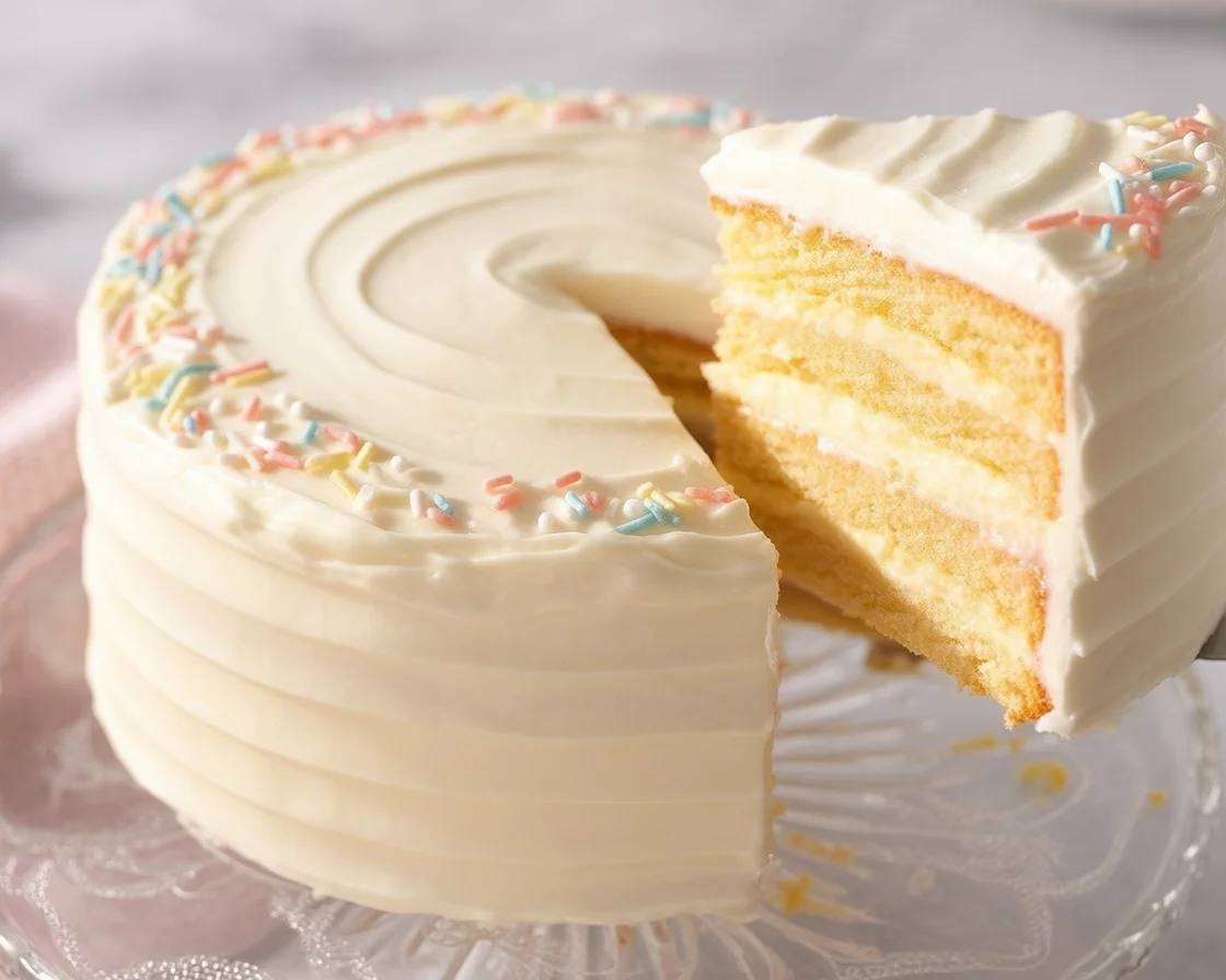 A slice of moist vanilla cake topped with creamy vanilla frosting on a plate.