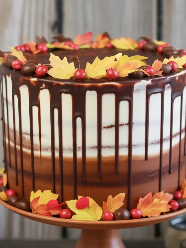 Beautiful fall cake designs with pumpkins and autumn flowers on display.