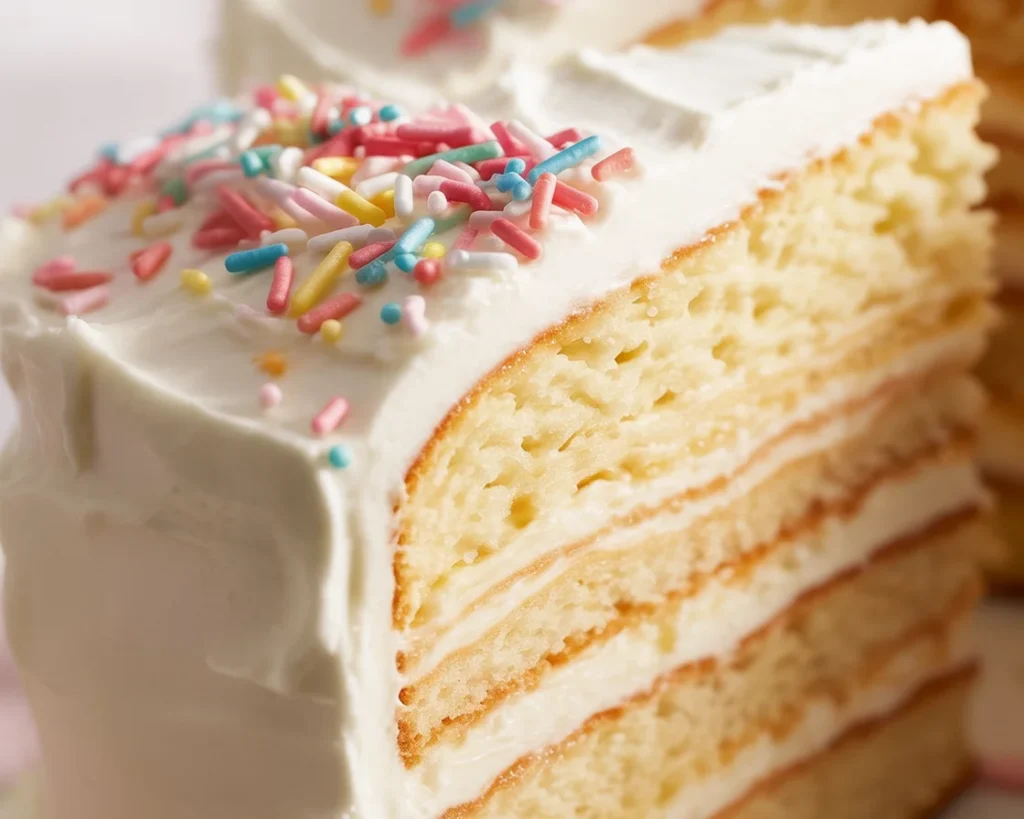 Delicious slice of moist and fluffy vanilla cake made from scratch with vanilla cake mix.