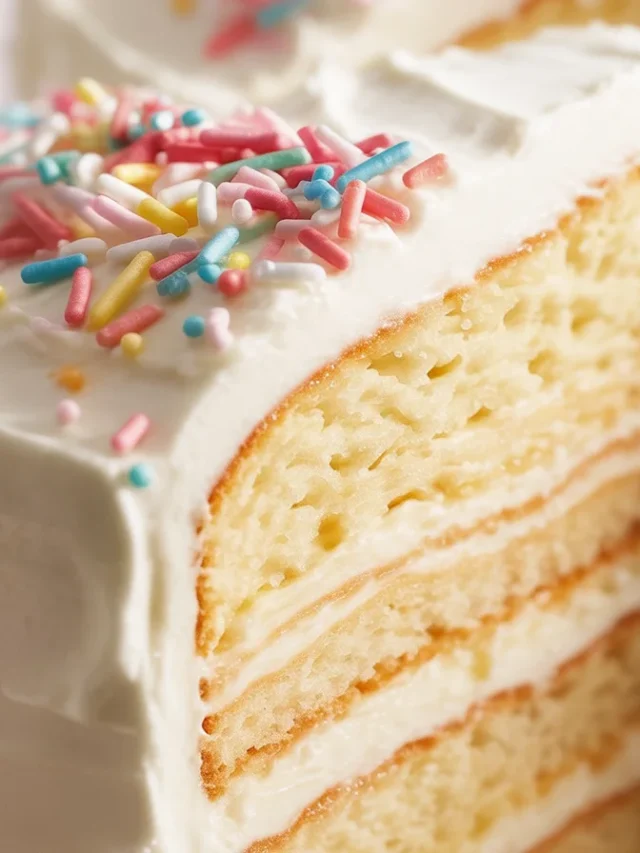 Delicious slice of moist and fluffy vanilla cake made from scratch with vanilla cake mix.