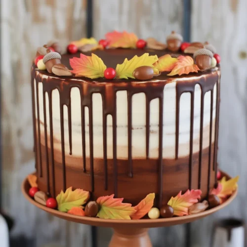 A beautifully decorated fall cake with pumpkins, flowers, and autumn-themed elements.