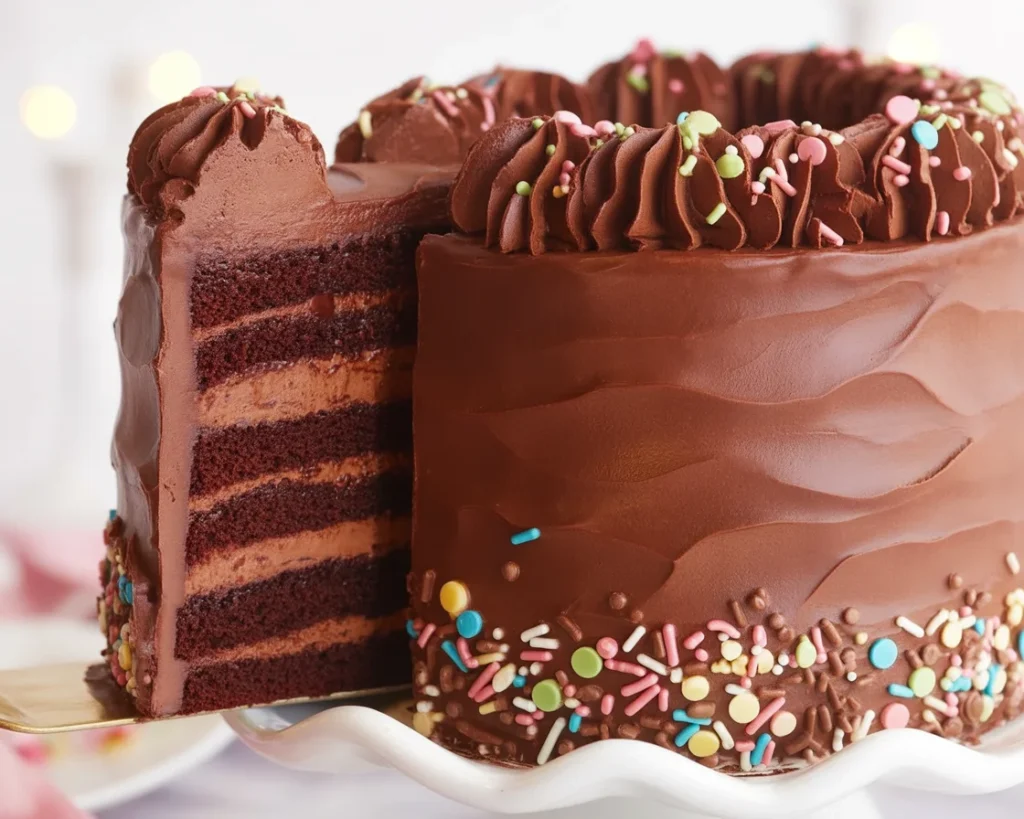 Decorated chocolate cake with artistic frosting and toppings.