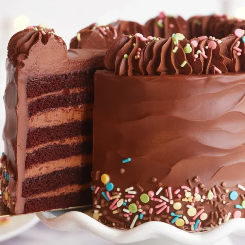 Decorated chocolate cake with artistic frosting and toppings.
