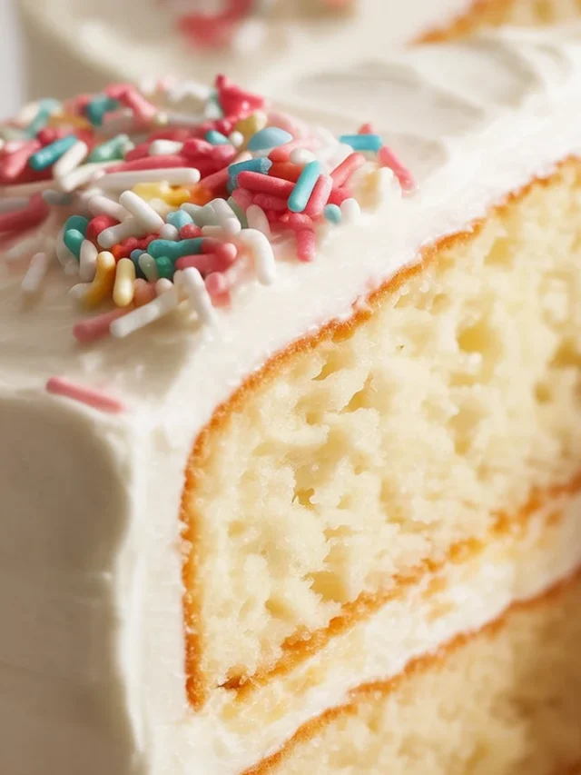 Slice of moist vanilla cake made from scratch with vanilla cake mix.