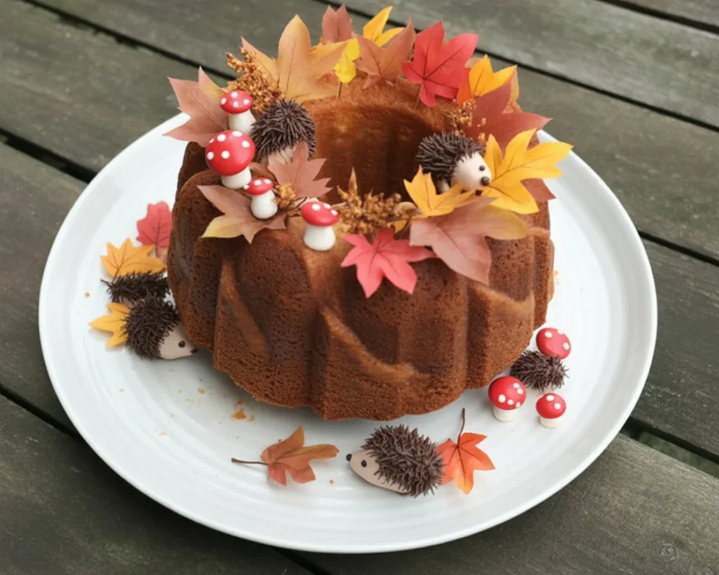 Three-tiered Thanksgiving cake decorated with fall leaves and autumn colors.