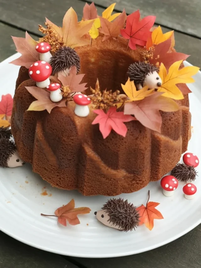 Three-tiered Thanksgiving cake decorated with fall leaves and autumn colors.