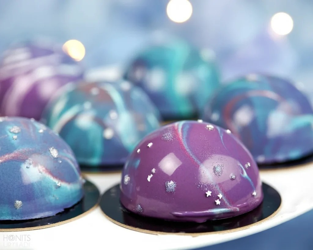Galaxy Mousse Cake with a glossy mirror glaze showcasing vibrant colors and textures.