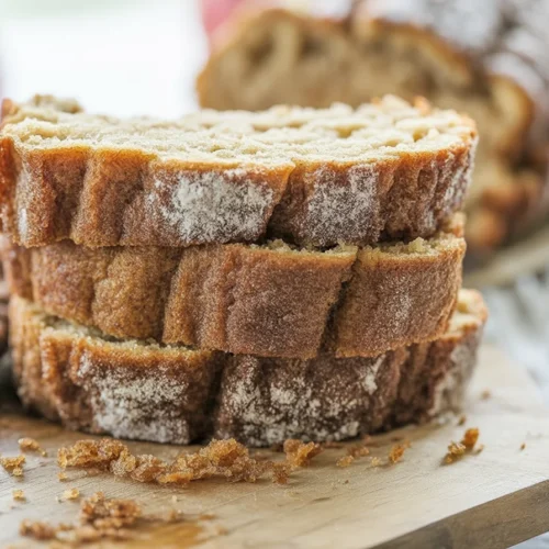 A delicious loaf of Apple Cider Donut Bread with cinnamon sugar topping.