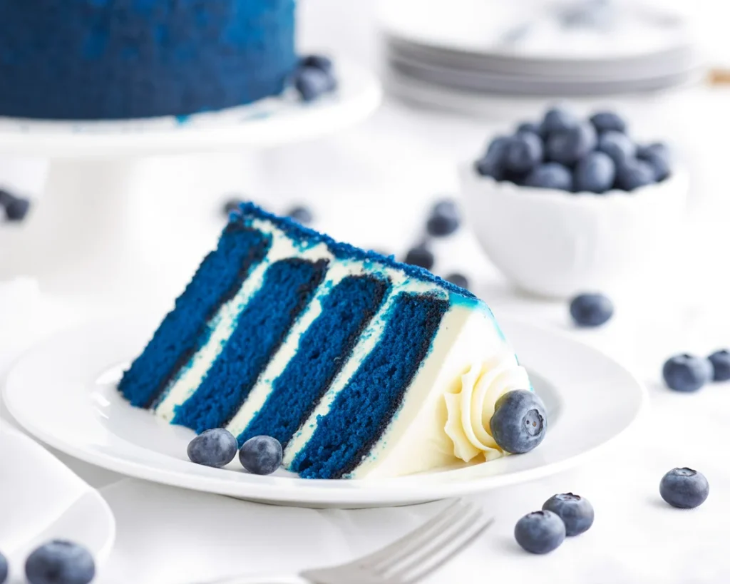 Delicious Blue Cake topped with cream cheese frosting for a festive occasion.