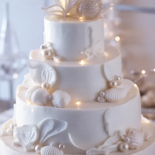 Luxury Christmas cake adorned with edible sea shells and pearls decorations.
