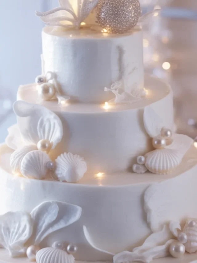 Luxury Christmas cake adorned with edible sea shells and pearls decorations.