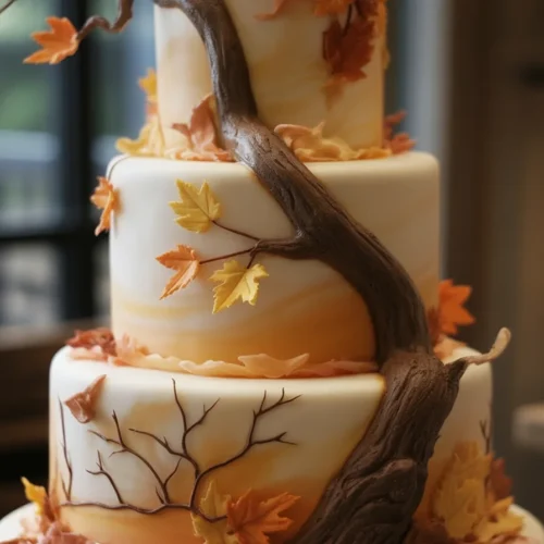 Colorful autumn cake decorated with buttercream pumpkins and vibrant fall flowers.