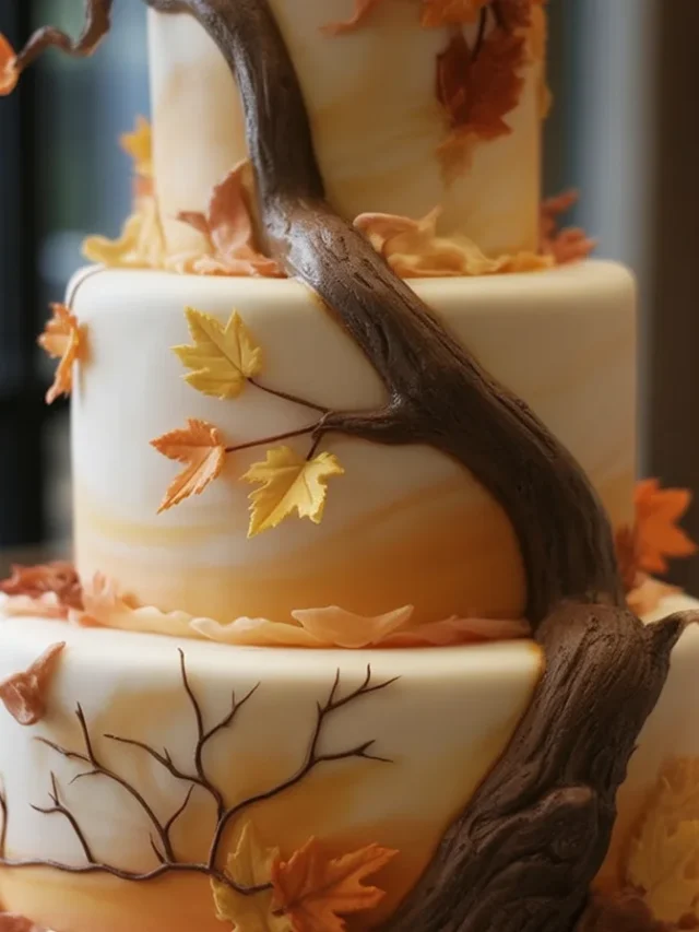 Colorful autumn cake decorated with buttercream pumpkins and vibrant fall flowers.