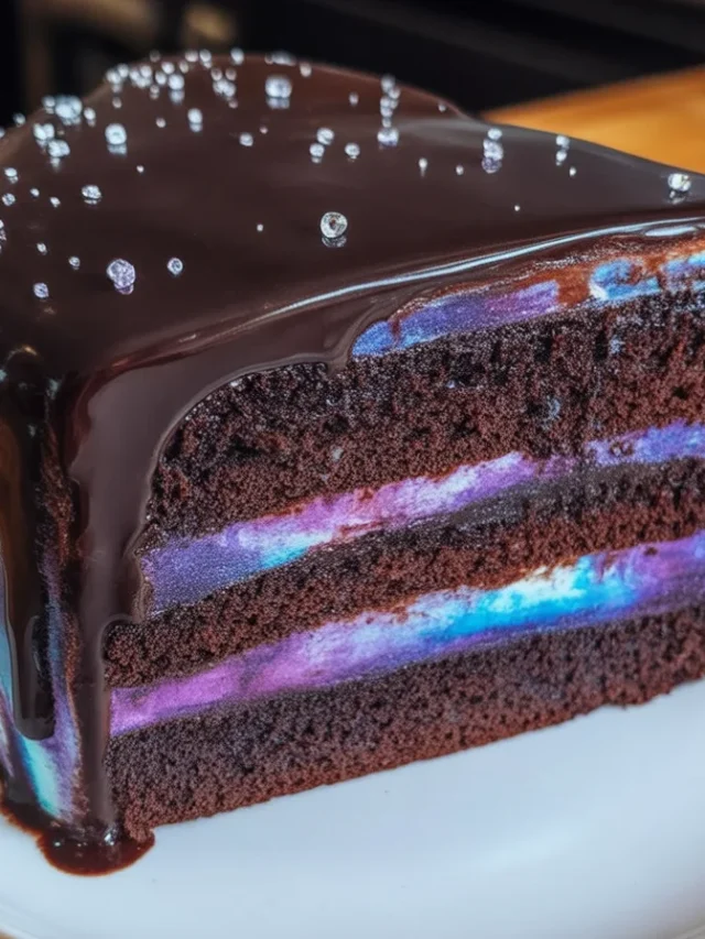 A beautifully crafted mirror glaze cake with a shiny finish and vibrant colors.