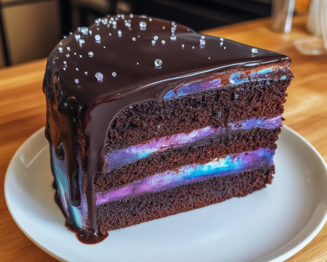 A beautifully crafted mirror glaze cake with a shiny finish and vibrant colors.