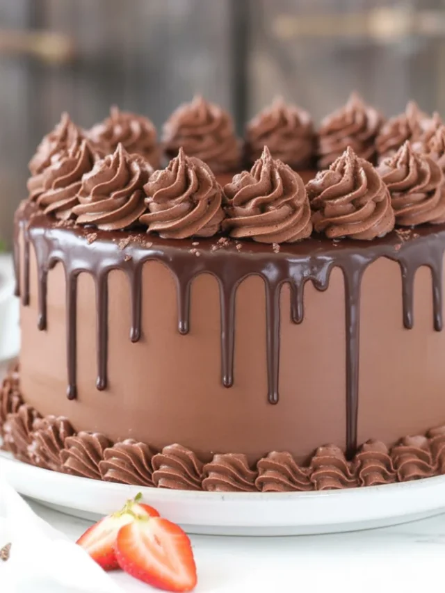 Moist Chocolate Drip Cake topped with silky chocolate ganache.