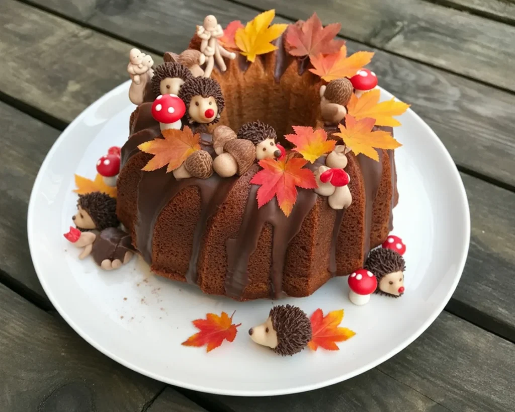 Beautifully decorated Thanksgiving cake with fall leaves and autumn colors.