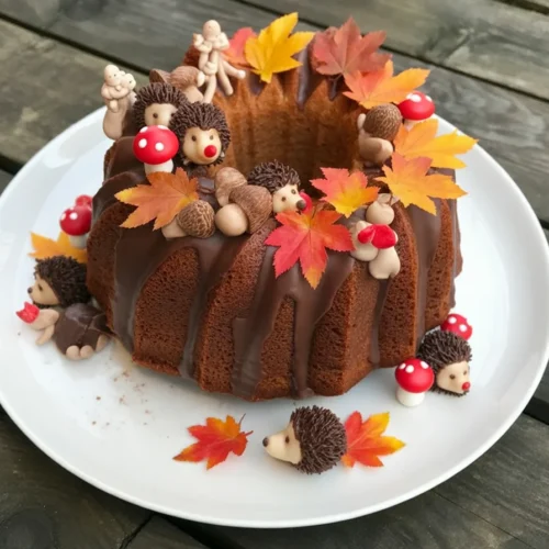 Beautifully decorated Thanksgiving cake with fall leaves and autumn colors.