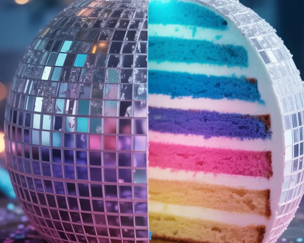 Decorative Mirror Ball Cake with shimmering details for a disco party