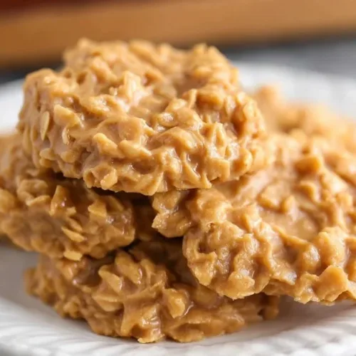 Delicious 3 ingredient peanut butter no-bake cookies on a plate