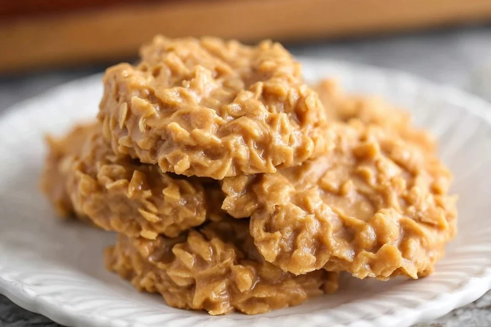 Delicious 3 ingredient peanut butter no-bake cookies on a plate