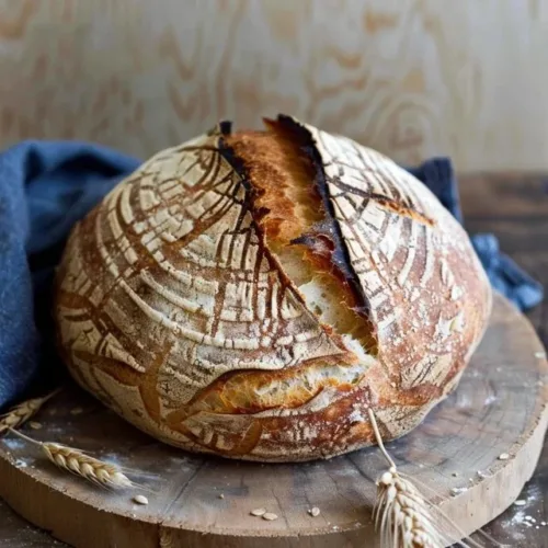 Freshly baked beginner sourdough bread on a wooden table