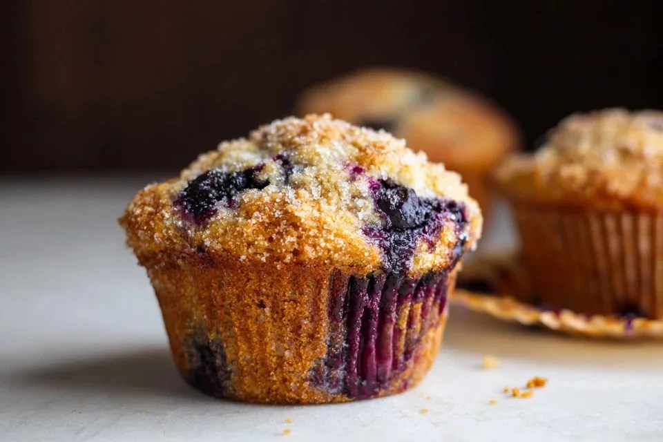 Delicious sourdough blueberry muffins fresh out of the oven.
