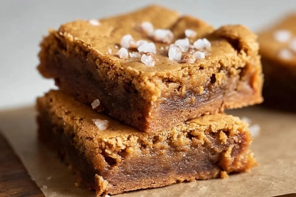 Deliciously chewy homemade Blondie Brownies on a wooden table