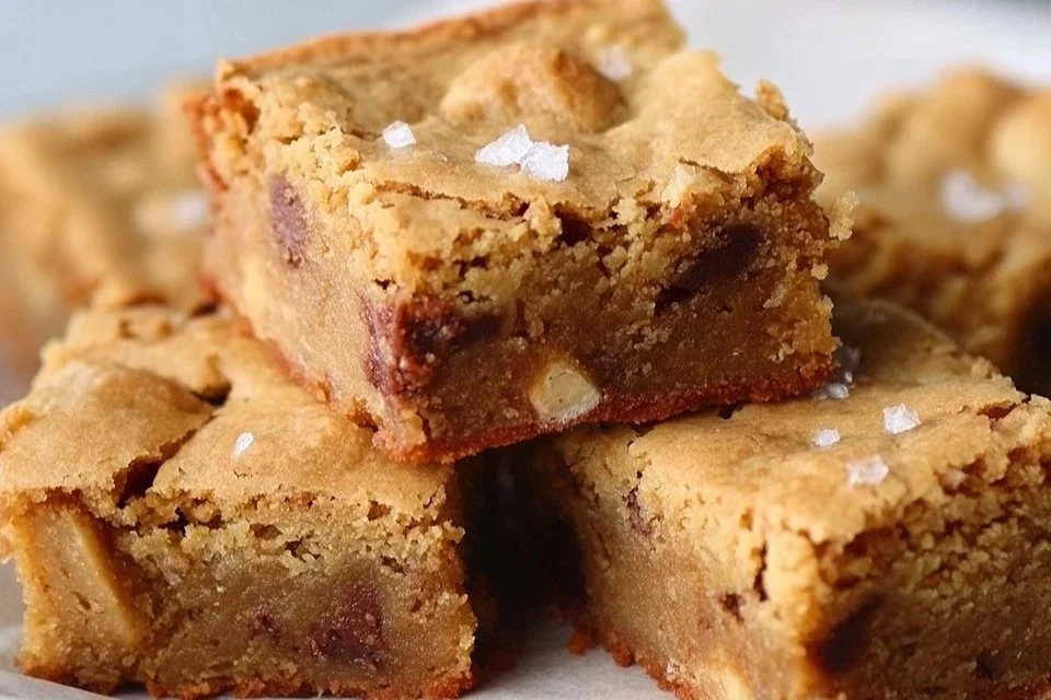 Delicious homemade blondies with a golden crust and chewy texture.
