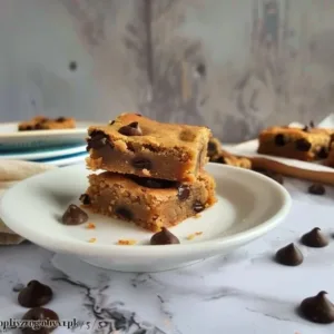 duff goldman brown butter blondies recipe 3 Delicious Brown Butter Blondies served on a plate with a caramel drizzle.