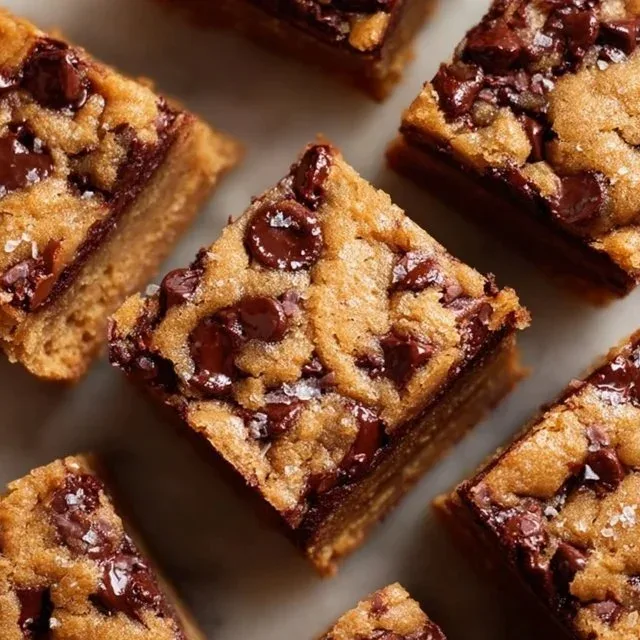 Freshly baked brown butter chocolate chip blondies with golden edges