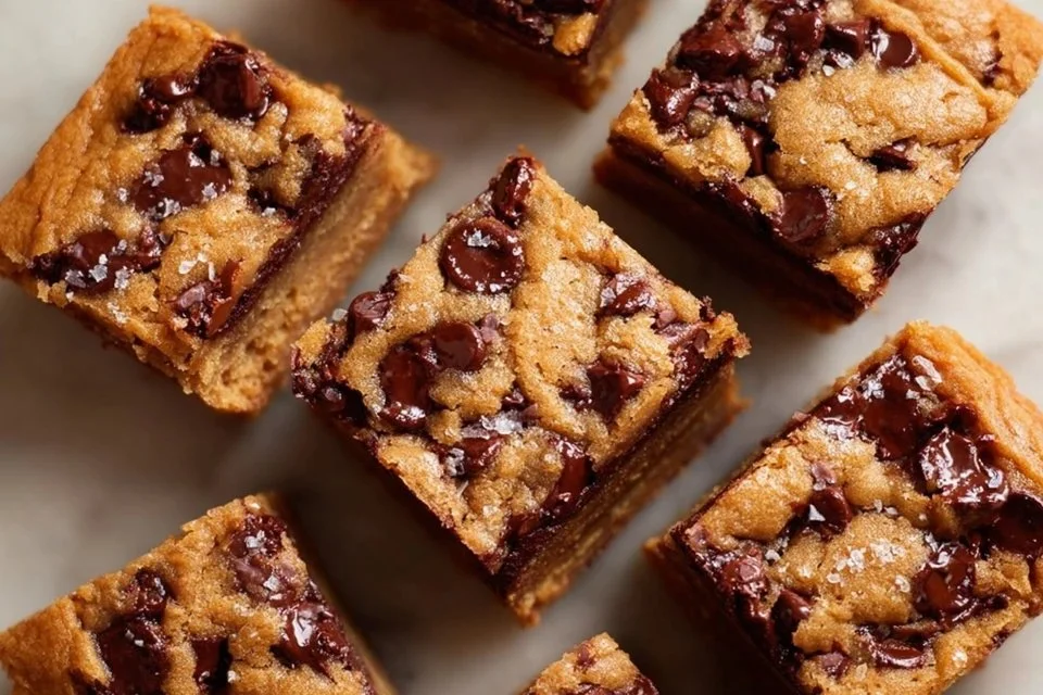 Freshly baked brown butter chocolate chip blondies with golden edges