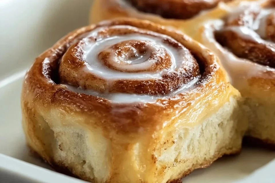 Freshly baked brunch cinnamon rolls topped with creamy icing.
