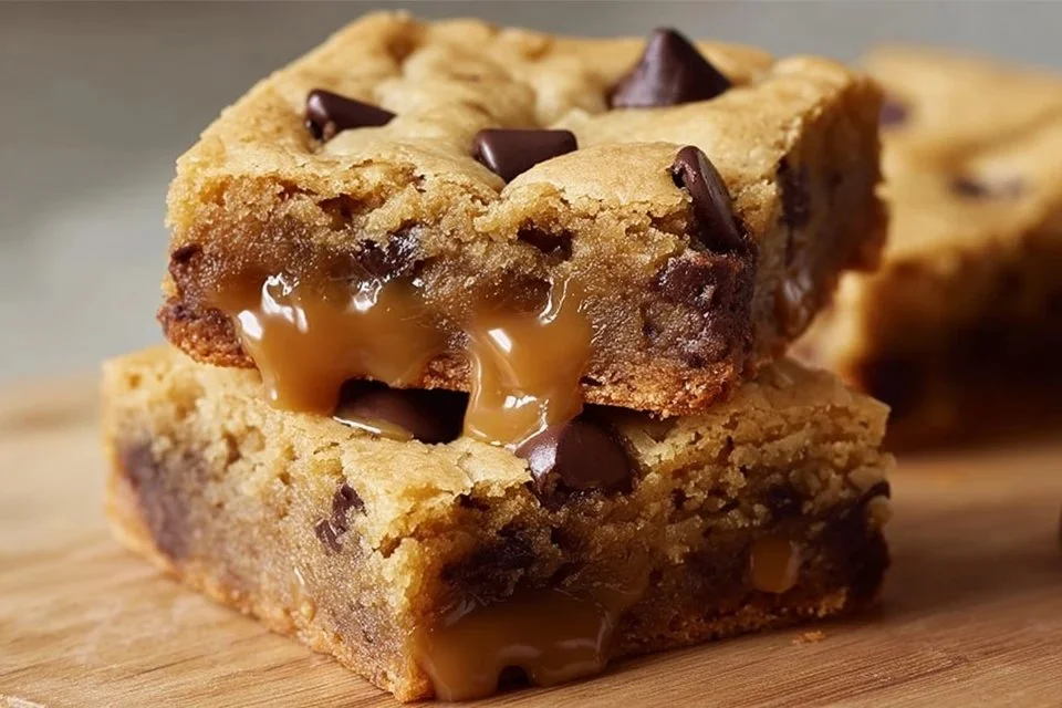 Chewy blondies fresh out of the oven, golden and delicious.