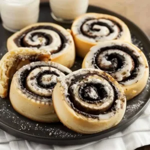 Cookies and Cream Cinnamon Rolls 3 Freshly baked cookies and cream cinnamon rolls topped with chocolate icing