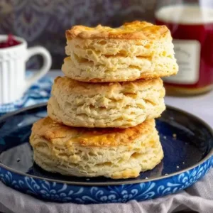 Easy Fluffy Sourdough Discard Biscuits 3 Fluffy sourdough biscuits made with sourdough discard on a plate